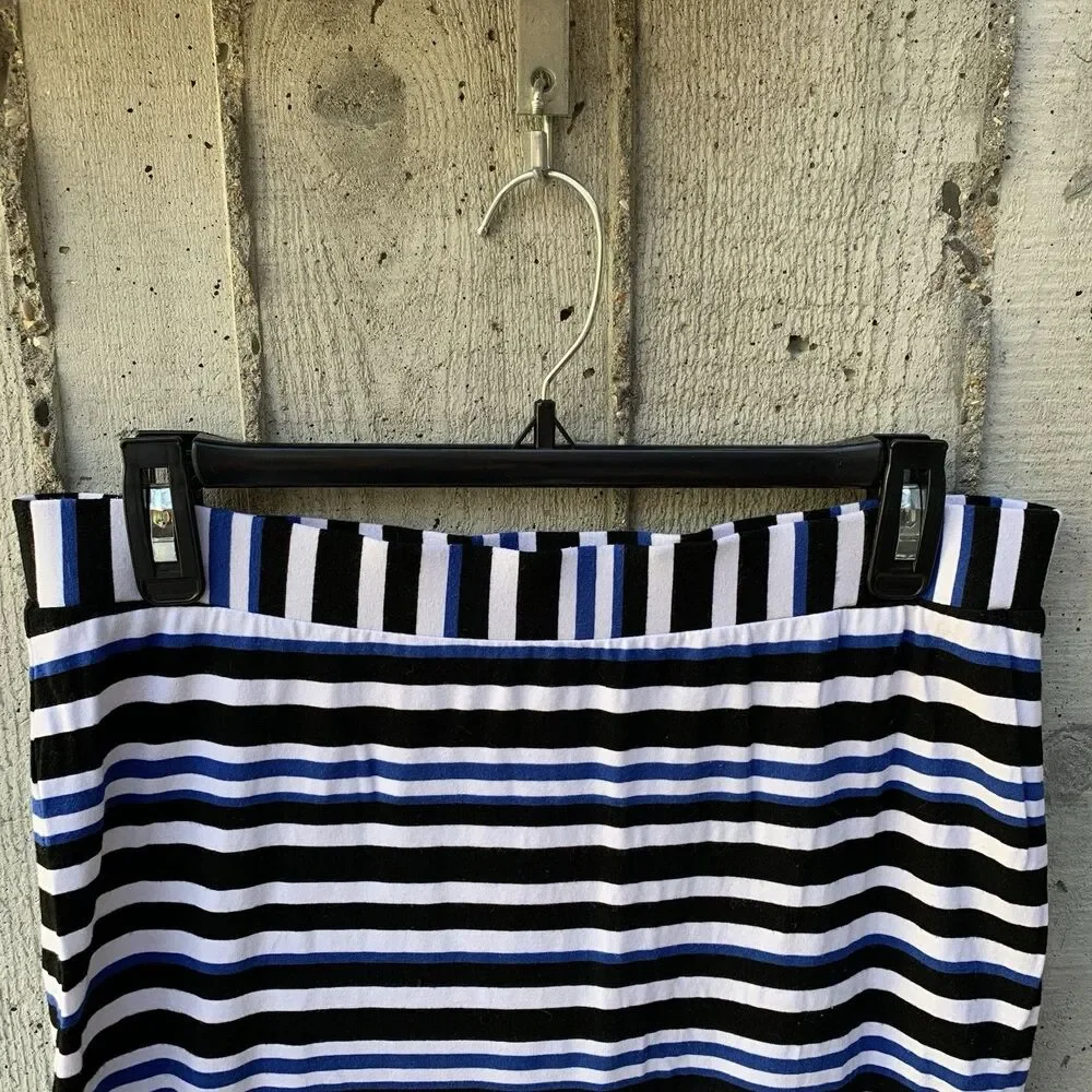 Trina Turk Blue and Black Striped Pencil Skirt Jersey Knit Preppy Nautical Sz L